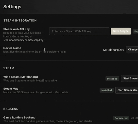 Screen recording demo: pasting a Steam Web API key into MetalSharp Settings and syncing — the key is blurred.